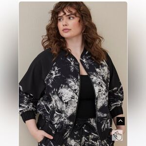 LoveSick Color Block Bomber Stretch Jacket Woven Palms in Black Tie Dye 1X NWOT